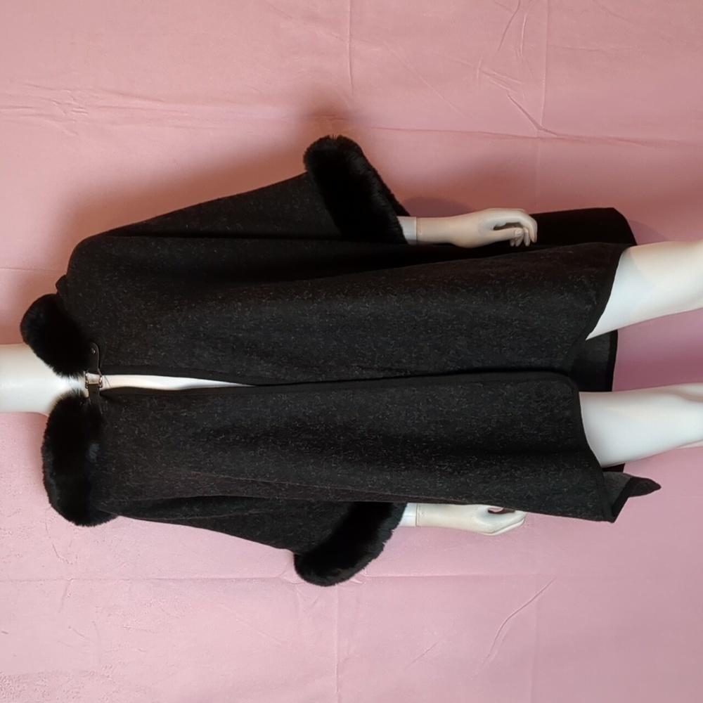 Gray and Black Fur Trim Hooded One Size Cozy Winter Cape Coat